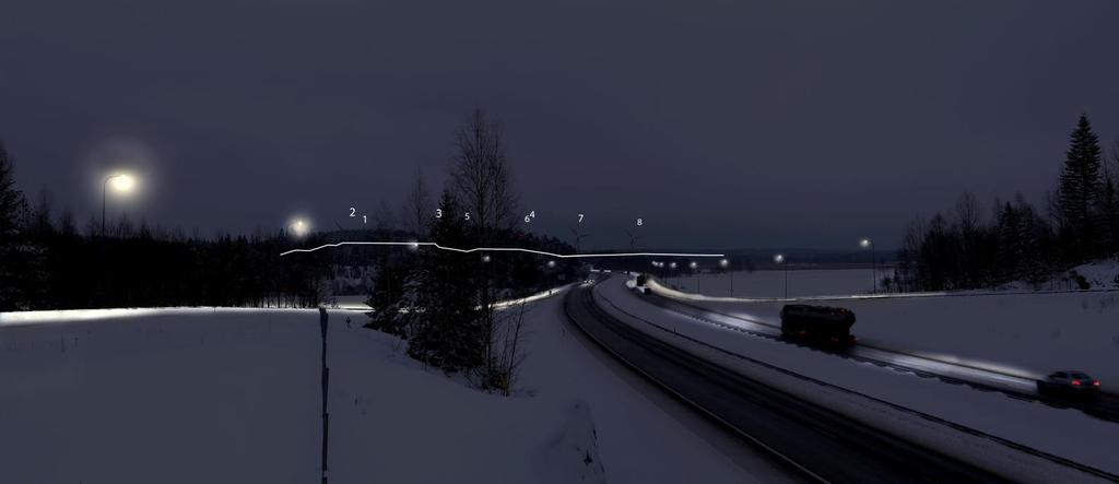 47 Figur 6-18. Fotomontage nattetid från Gammelbyvägen vid kanten av bron över E18 motorväg. Avståndet till närmaste vindkraftverk är 6,5 kilometer.