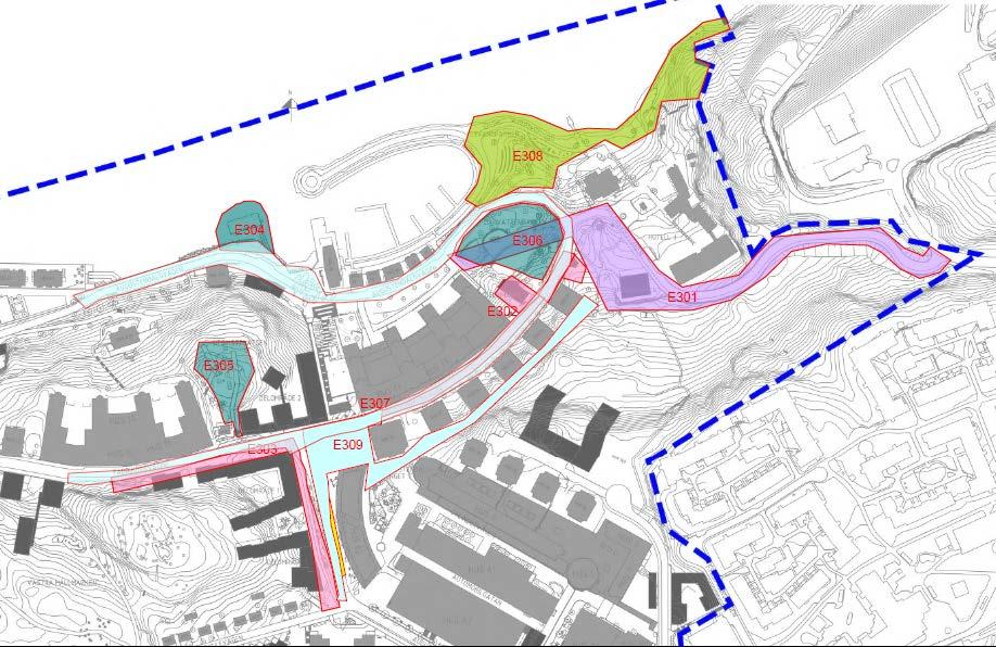 4 (9) Bild 2 Ungefärlig utbredning av samtliga delentreprenader som ska utföras inom Norra Nacka strand, detaljplan 3, E301-310.