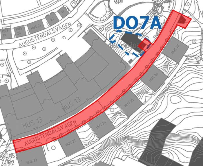 6 (9) Bild 5 Delentreprenad 302, Flytt av elnätstation på Augustendalsvägen. Utbredning av delområde 7A, DO7A, markerat med blå streckad linje.