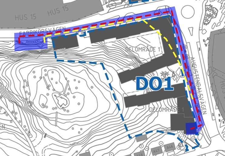 Utbredning av delområde 1, DO1, markerat med blå streckad linje. Ungefärligt läge för befintlig ledning redovisas med gul streckad linje.