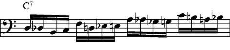 Kombination 4: Man kan till och med enligt Jazz Duets (2017) lägga till tre toner före varje målton. Här kan vi se olika kombinationer av led- och närmandetoner som går i olika riktning.