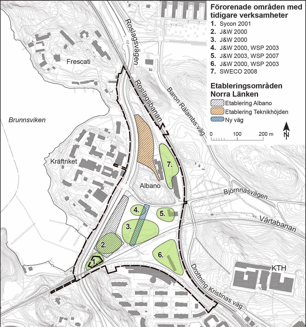 72 MKB Albano Figur 5.5.2. Områden med tidigare verksamheter inom Albano, samt befintliga etableringsområden för Norra länken.