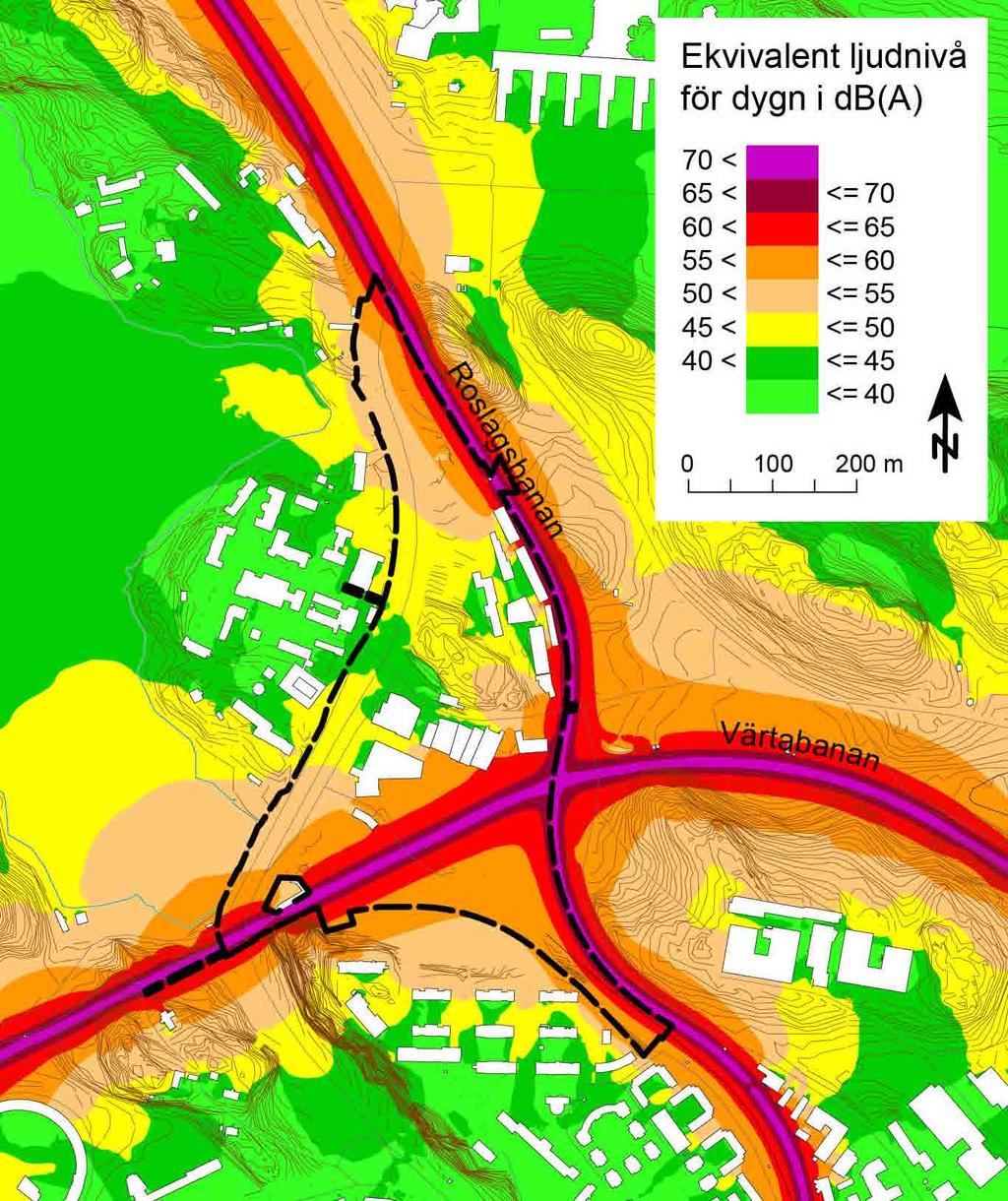 De ljudkrav/riktvärden som finns för kontors- respektive undervisningslokaler är möjliga att klara inom planområdet med modern byggnadsteknik. Figur 5.10.