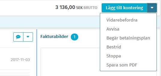 För en helt elektronisk faktura kan eventuella bilagor registreras under avsnittet bilagor i Attestbilden. Siffran anger antalet sidor i fakturan. Första sidan ligger aktiv i fönstret.