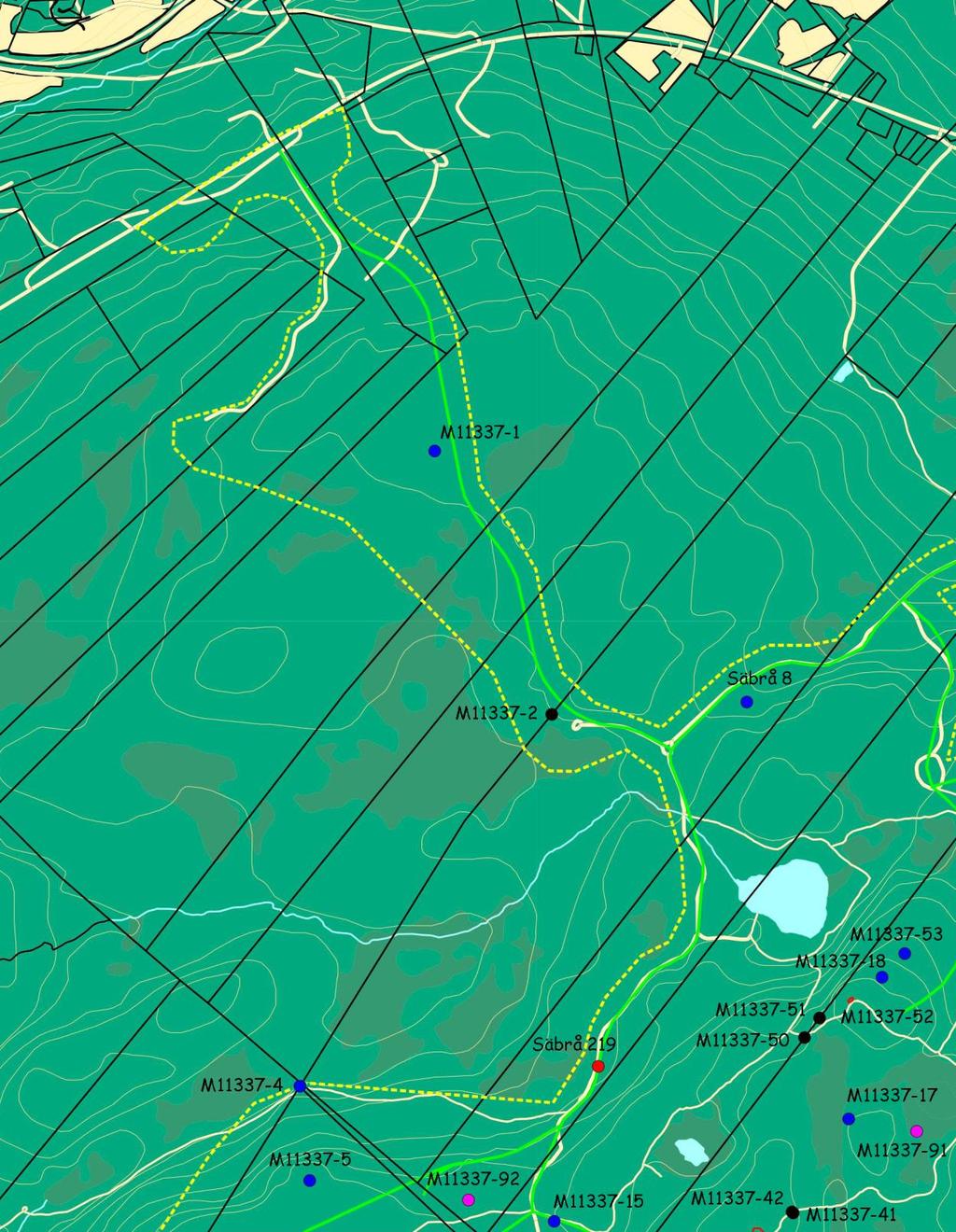 Karta A. Utdrag ur fastighetskartan över utredningsområdets nordvästra del. Utredningsområdet=gulprickad linje och anslutningsvägar=grön linje.