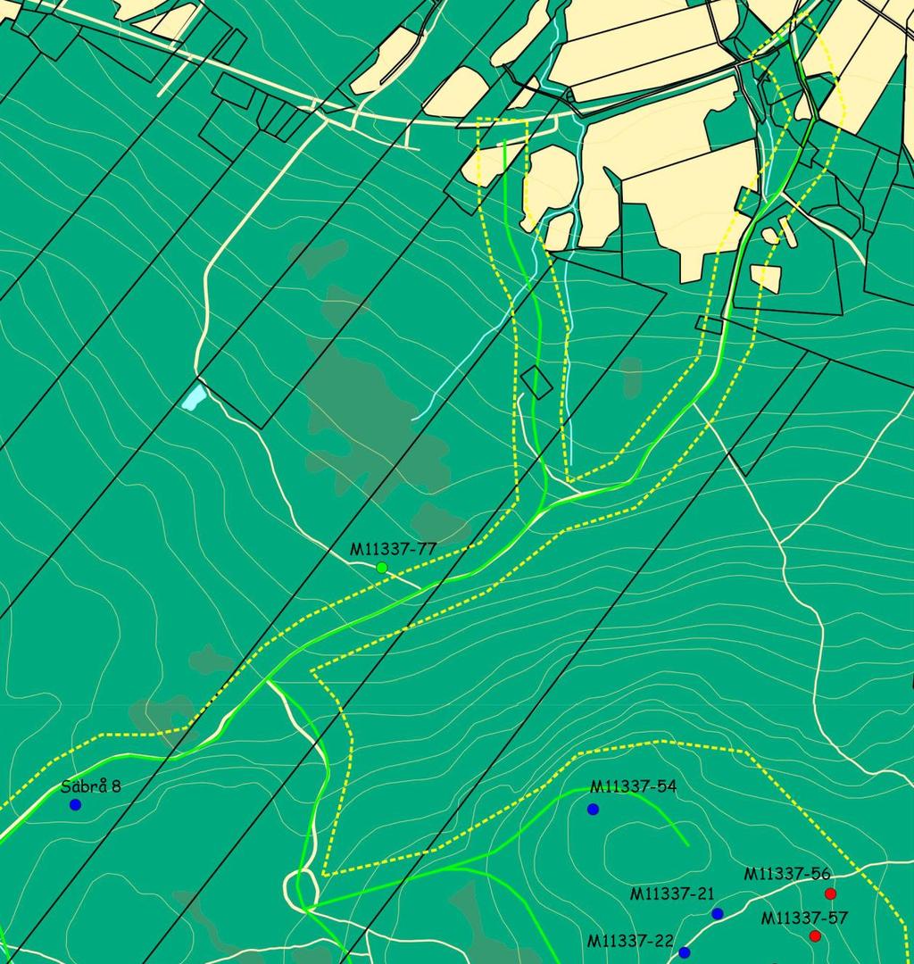Karta B. Utdrag ur fastighetskartan över utredningsområdets nordvästra del. Utredningsområdet=gulprickad linje och anslutningsvägar=grön linje.