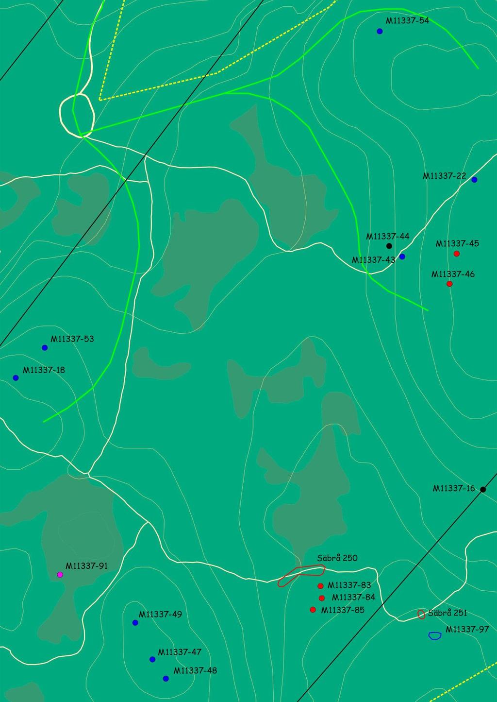Karta C. Utdrag ur fastighetskartan över utredningsområdets nordvästra del. Utredningsområdet=gulprickad linje och anslutningsvägar=grön linje.