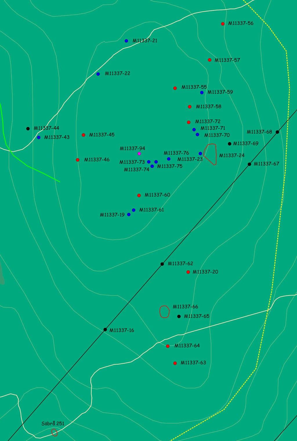 Karta D. Utdrag ur fastighetskartan över utredningsområdets nordvästra del. Utredningsområdet=gulprickad linje och anslutningsvägar=grön linje.