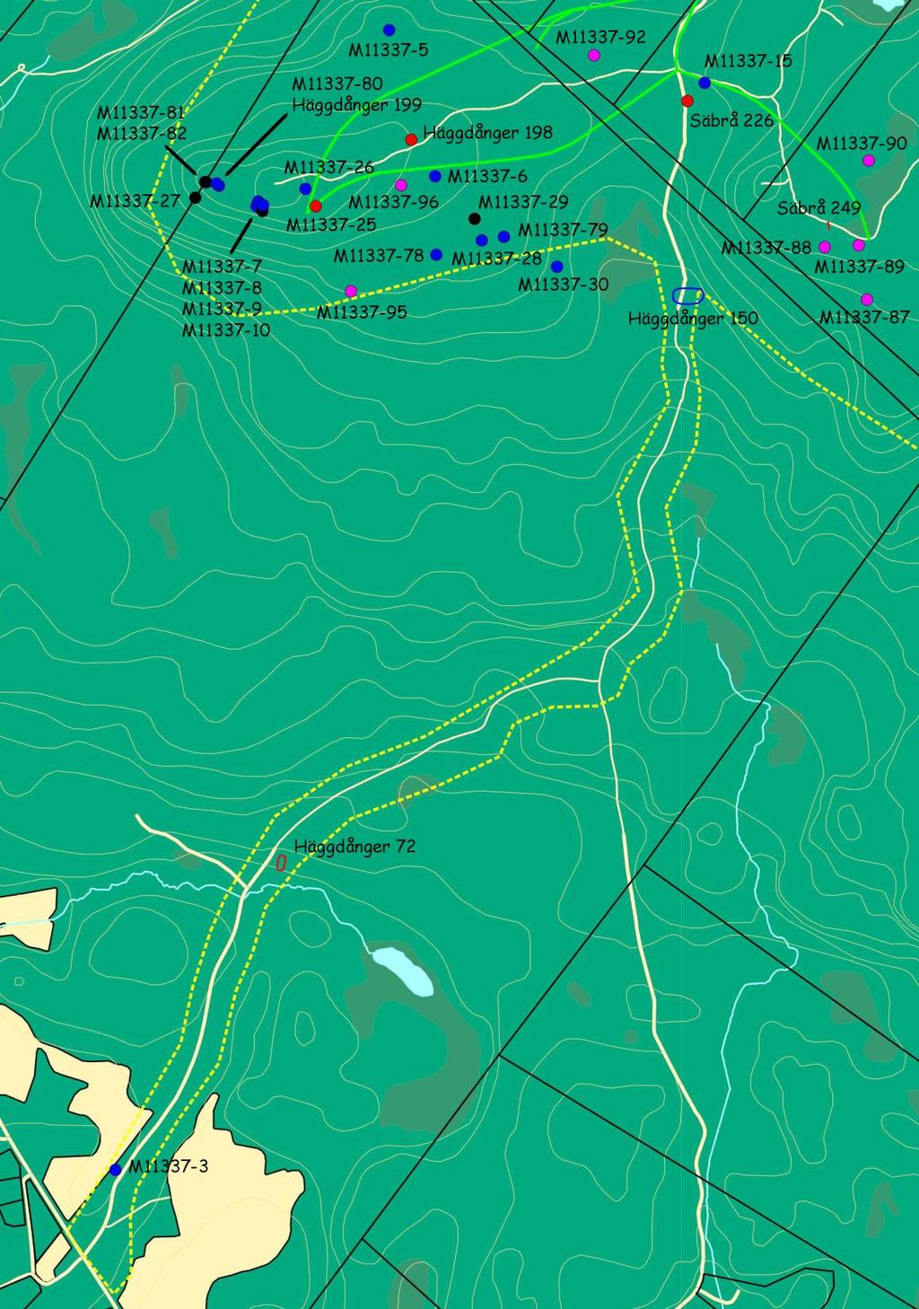 Karta E. Utdrag ur fastighetskartan över utredningsområdets nordvästra del. Utredningsområdet=gulprickad linje och anslutningsvägar=grön linje.