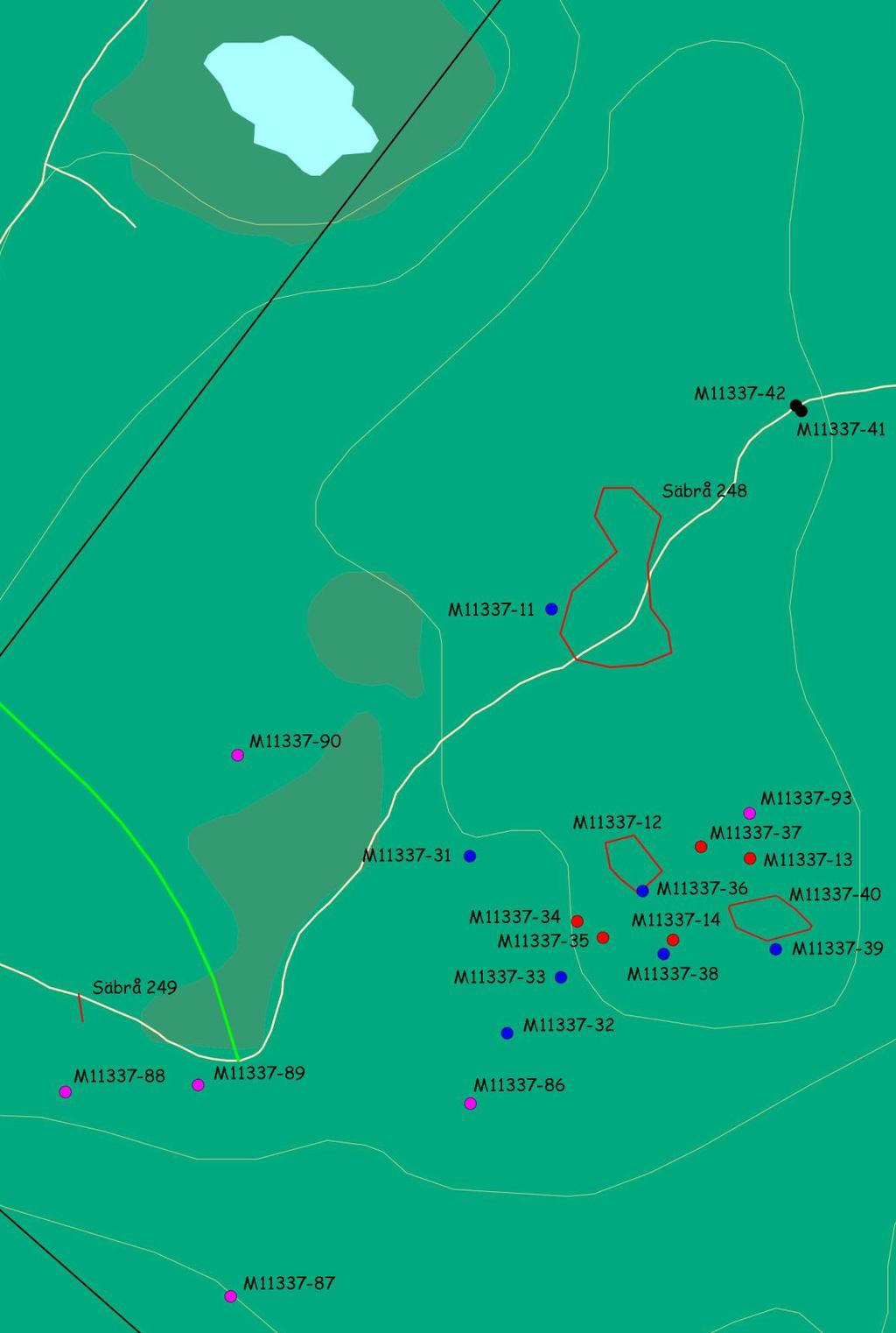 Karta F. Utdrag ur fastighetskartan över utredningsområdets nordvästra del. Utredningsområdet=gulprickad linje och anslutningsvägar=grön linje.