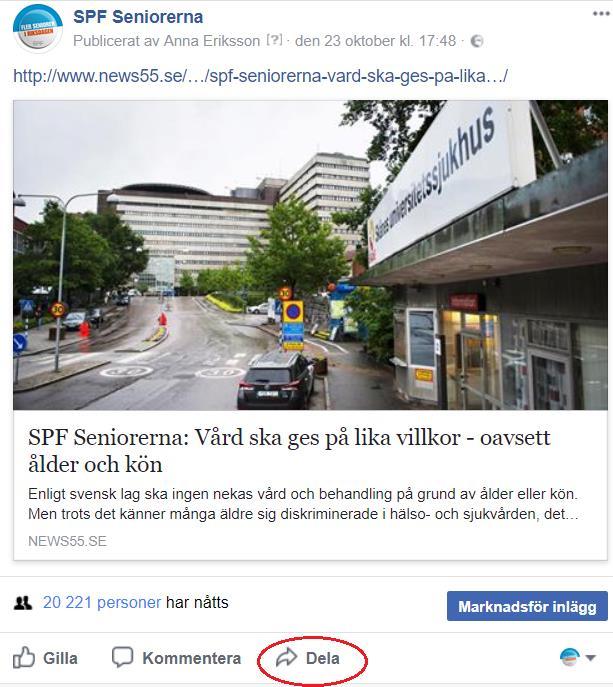 4. Att dela ett inlägg från SPF Seniorernas huvudsida Genom att dela inlägg kan du hjälpa till att sprida det som SPF Seniorernas