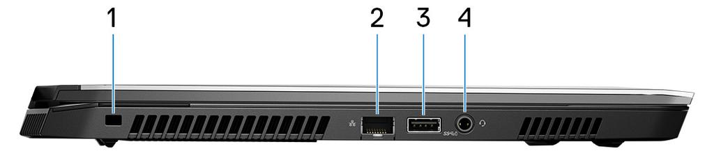 Vyer av Alienware m15 Höger 1 USB 3.1-portar Gen 1 (2) Anslut kringutrustning, såsom lagringsenheter och skrivare. Ger dataöverföringshastigheter på upp till 5 Gbit/s.