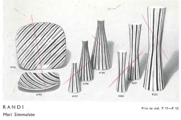 bränning) Vasen ingår i en serie med två fat och sex vaser, se bild hämtad ur priskurant från 1956 med serien Randi av Mari Simmulson.
