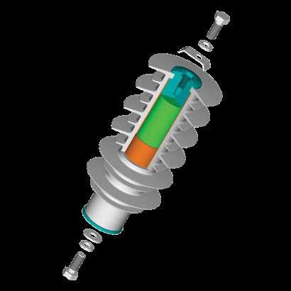 Typisk design för en distributionsventilavledare Anslutning mot spänning Metal Oxide Varistorer VARISIL HE-S Fiberglas förstärkt kärna VARISIL HE Polymer kropp Anslutning mot jord HEXX - Ur= kv - Uc=