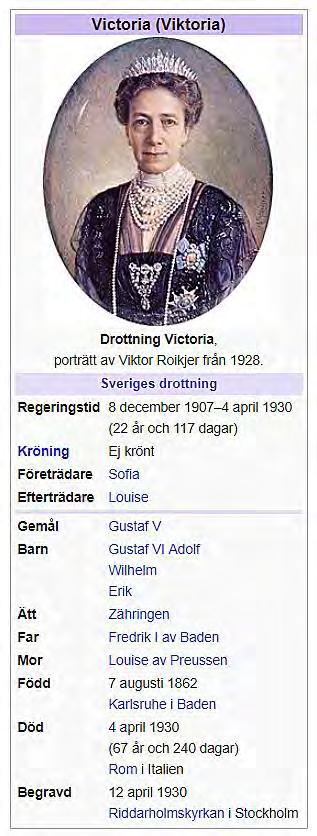 Sophie Marie Victoria 1862-1930 Dotter till Friedrich I av Baden och hans hustru Louise av Preussen, som var dotter till kejsare Wilhelm I och vars farmorsfar var Gustav IV av Sverige.