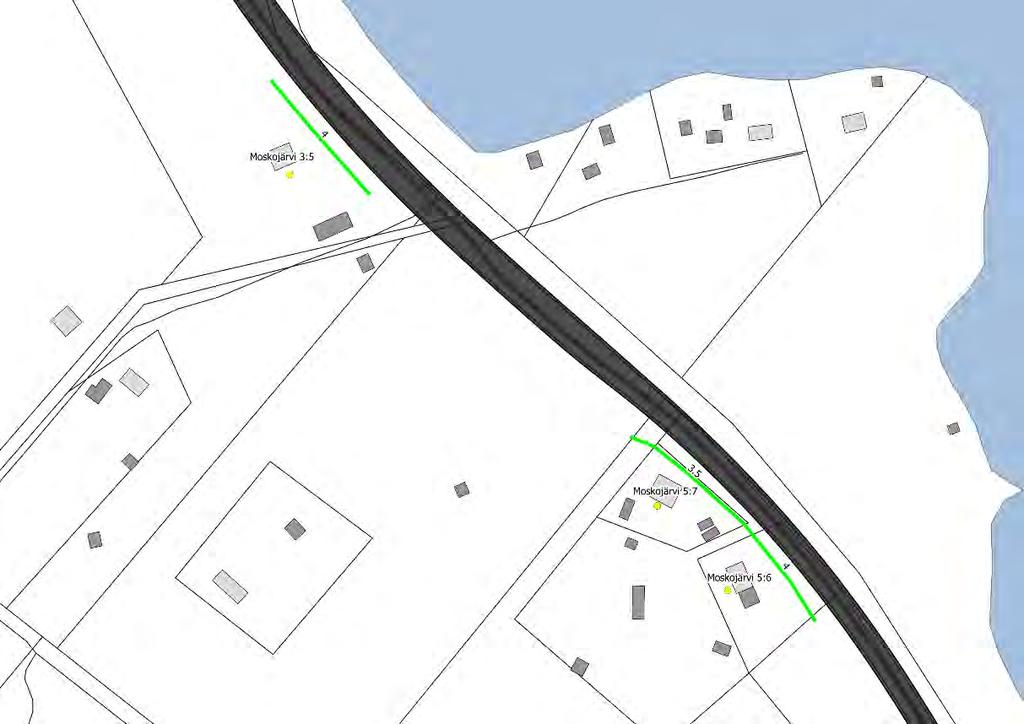 RAPPORT BULLER 7.1.4 Område 7 och 8 Moskojärvi 3:5, 5:6 och 5:7 Figur 7.4: Utredd bullerskydd längs med E10:an. Gröna linjer är utredda bullerskyddsskärmar och orangea linje är bullerskyddsvallar.