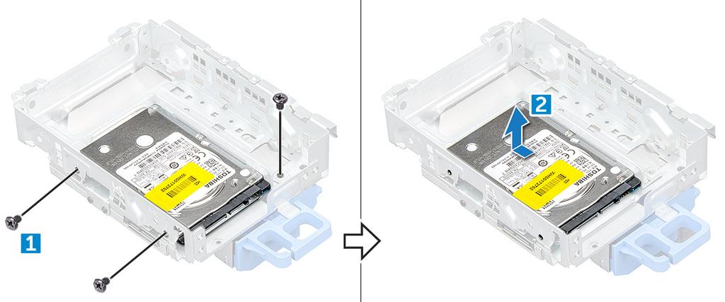Installera hårddisken och den optiska enheten 1 Anslut datakabeln och strömkabeln till den optiska enheten. 2 Sätt i hårddisken och modulen för den optiska enheten i facket på datorn.