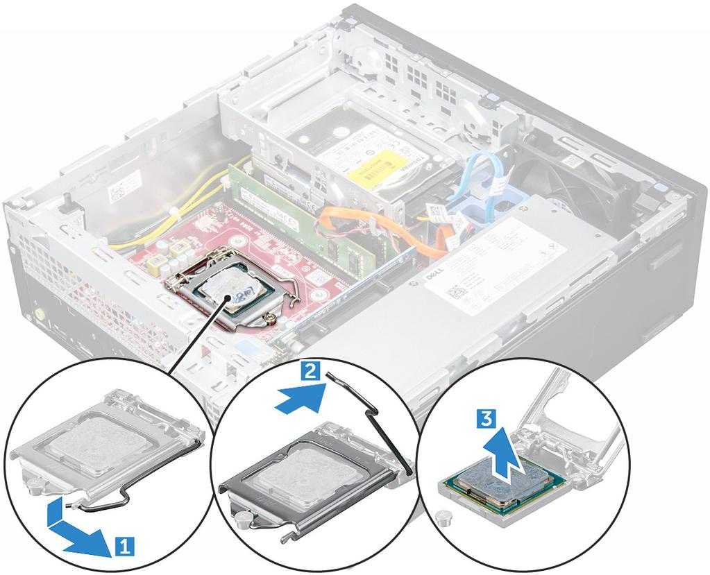 4 Installera: a b c hårddisk och optisk modul ramen kåpan 5 Följ anvisningarna i När du har arbetat inuti datorn. Processor Ta bort processorn 1 Följ anvisningarna i Innan du arbetar inuti datorn.