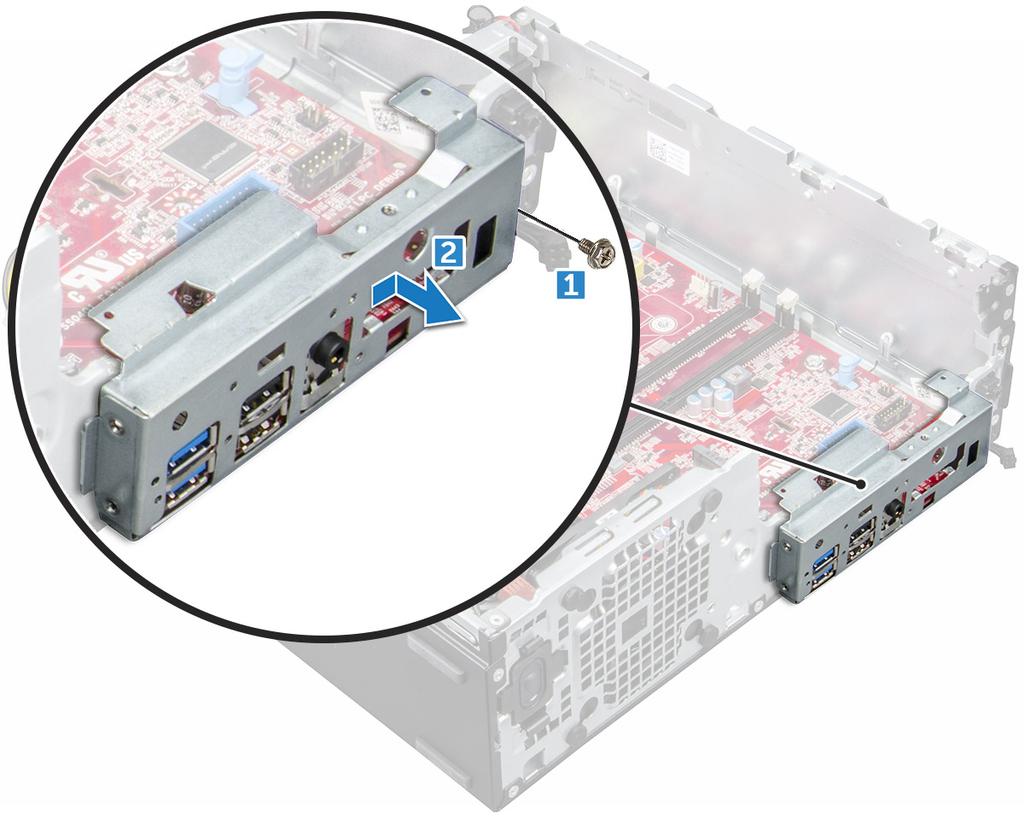 c d e f g h i kylfläns processorn expansionskortet hårddisk och optisk modul minnesmodul M.2 PCIe SSD SD-kortläsare 3 Ta bort I/O-panelen så här: a Skruva bort skruven som håller fast I/O-panelen [1].