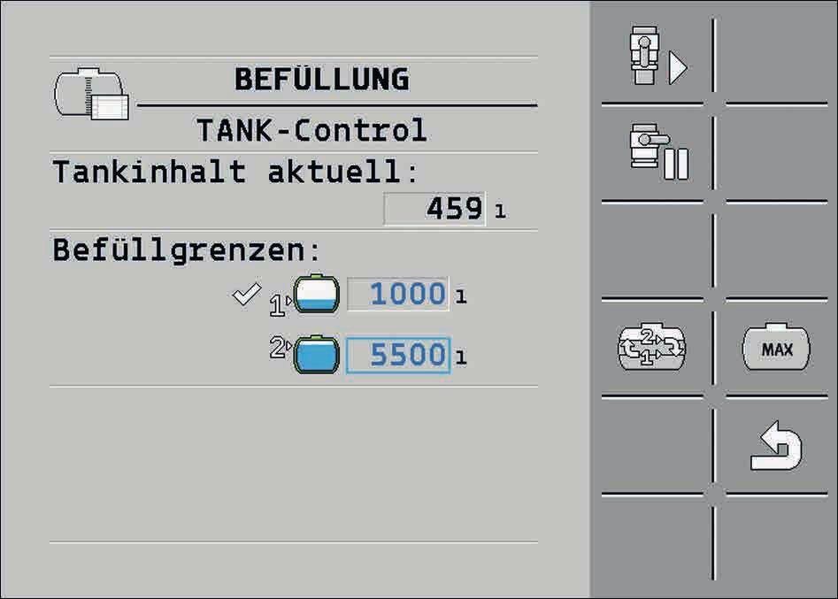 6.1.3 Fylla tank med TANK-Control och påfyllningsstopp När en TANK-Control med påfyllningsstopp är monterad på lantbrukssprutan kan du använda denna.