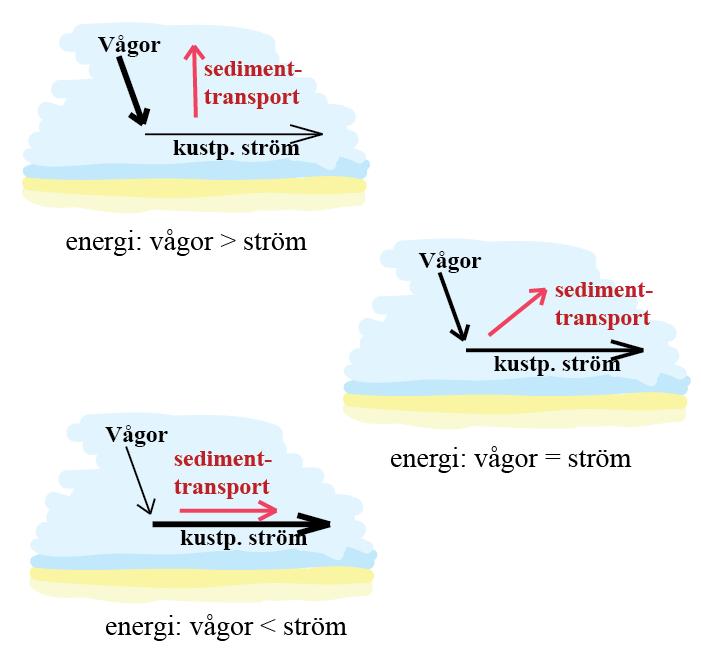 Fig. 8, En illustration ovanifrån över hur kustparallella vågor bildas som ett resultat av interaktionen/kollisionen mellan inkommande och reflekterade vågor och bildar ett mönster där de
