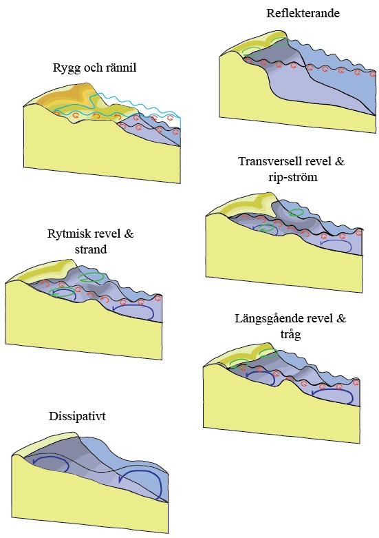 Fig. 11, En kust kan befinna sig i flera olika stadier beroende av sin fas i strandcykeln (Reading 1996).