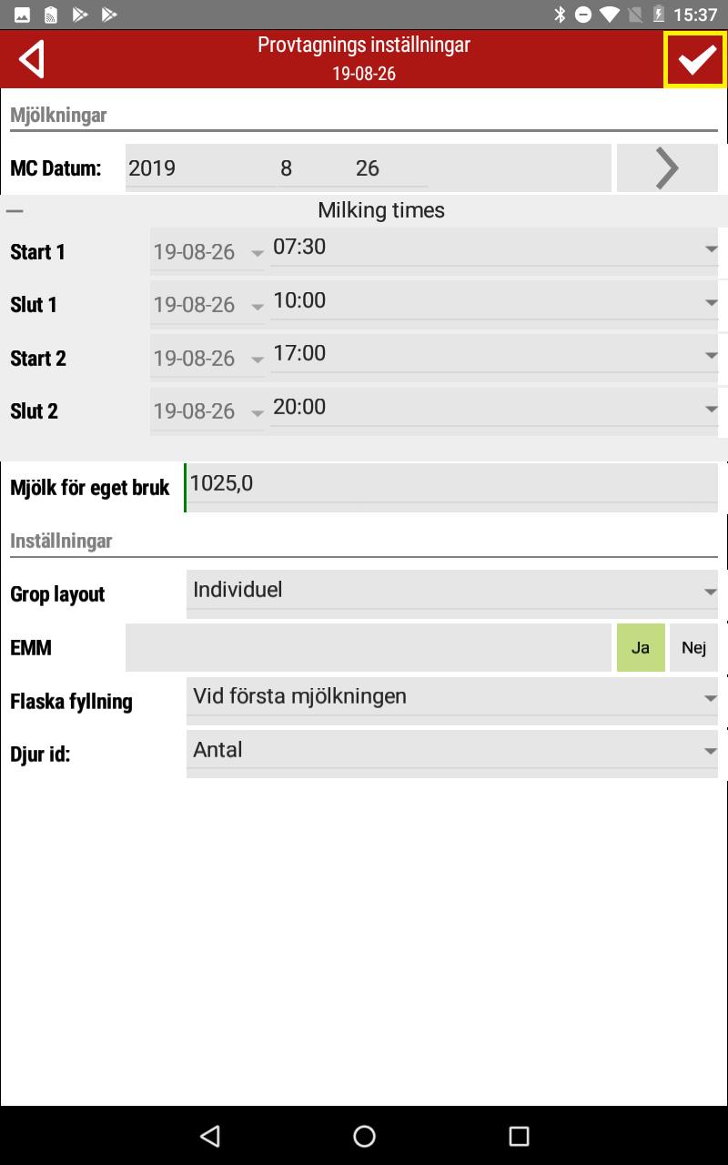 5. Starta provmjölkning Välj Starta provmjölkning i huvudmenyn.