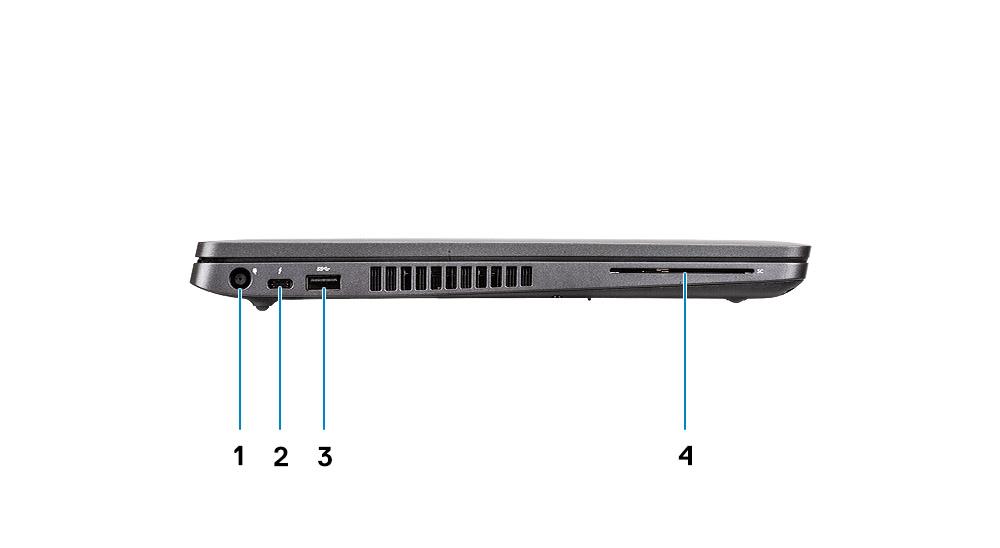 7 LED aktivitetslampa Vänster sida 1 Port för nätanslutning 2 USB 3.1 Gen 2 (USB typ-c) port med DisplayPort/ Thunderbolt (tillval) 3 USB 3.