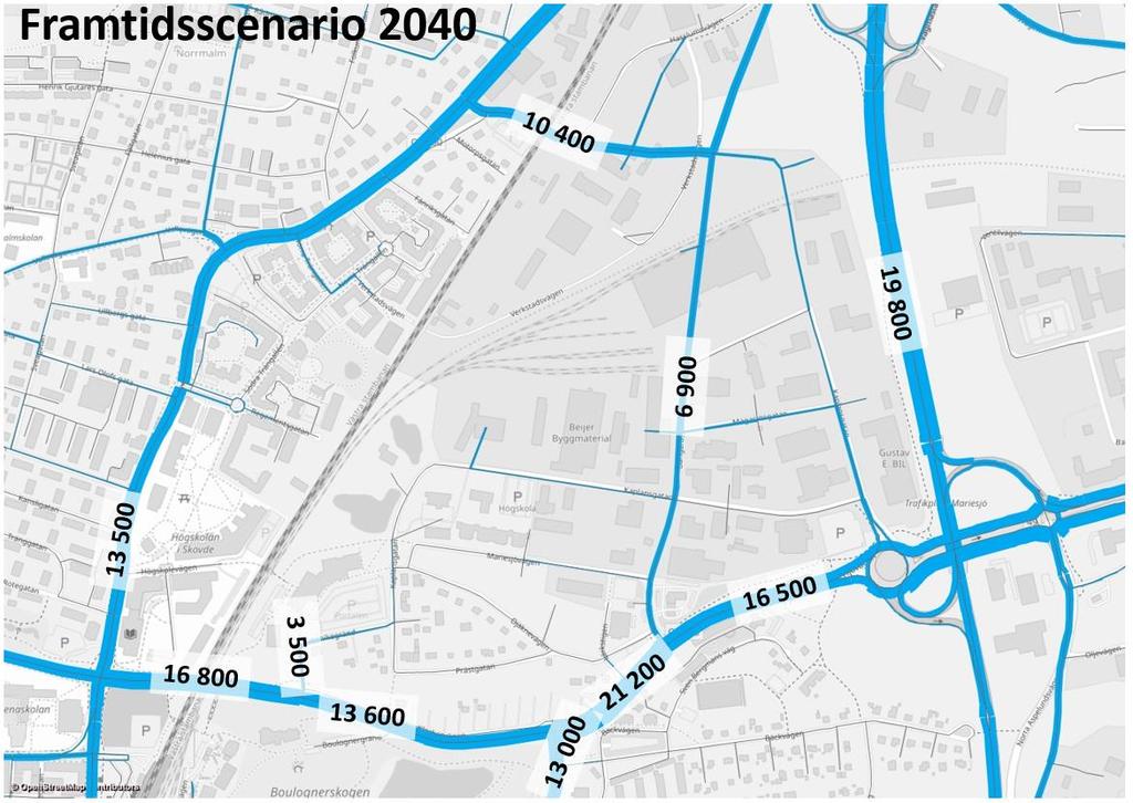 Figur 9 - Dygnstrafikflöde som VDT för framtidsscenario 2040 Som noteras i figuren ovan leder huvudgatan genom Mariesjö till att trafiken i korsningen mellan Kanikegränd och Hjovägen minskar.