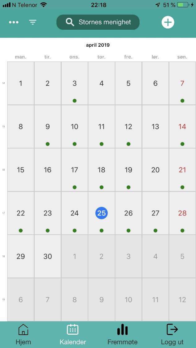7. Kalender «Kalender» i bottenmenyn ger dig en först en månadsöversikt över den valda kalendern: Här kan du söka upp andra kalendrar, både lokaler, utrustning