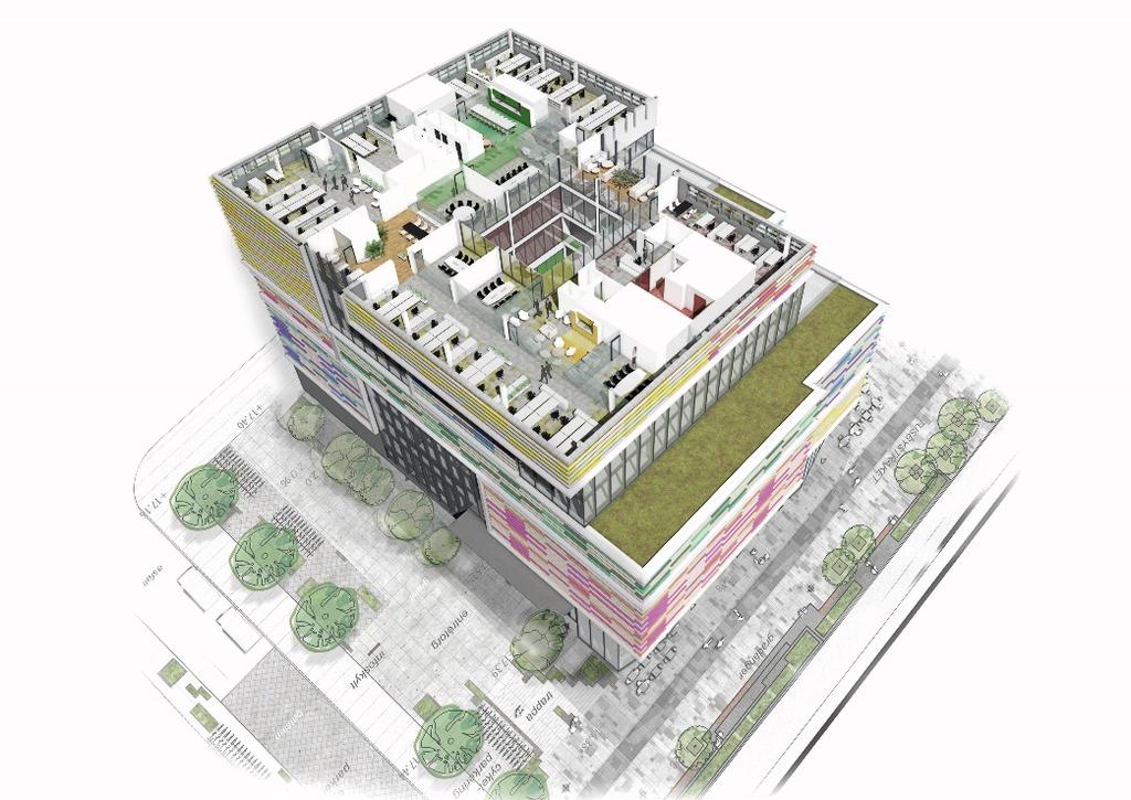 Stockholm 2019-05-24 Färgskrapan informationsbrev nr 16 Stommen har nu nått sin fulla höjd och fasaden kläs på med de färgglada elementen allteftersom. Även yttertaksarbetena har påbörjats.