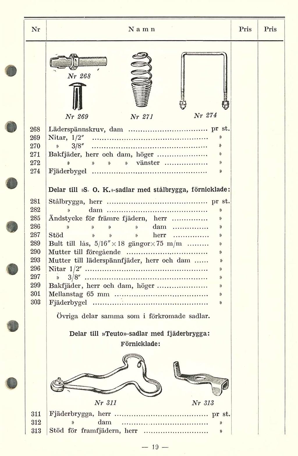 Nr Namn Pris PRIS Nr 268 Nr 269 Nr 27J Nr 274 268 Läderspännskruv, dam pr st. 269 Nitar, 1/2" 270 3/8" 271 Bakfjäder, * herr och dam, höger 272 i> vänster 274 Fjäderbygel Delar till S. O. K.