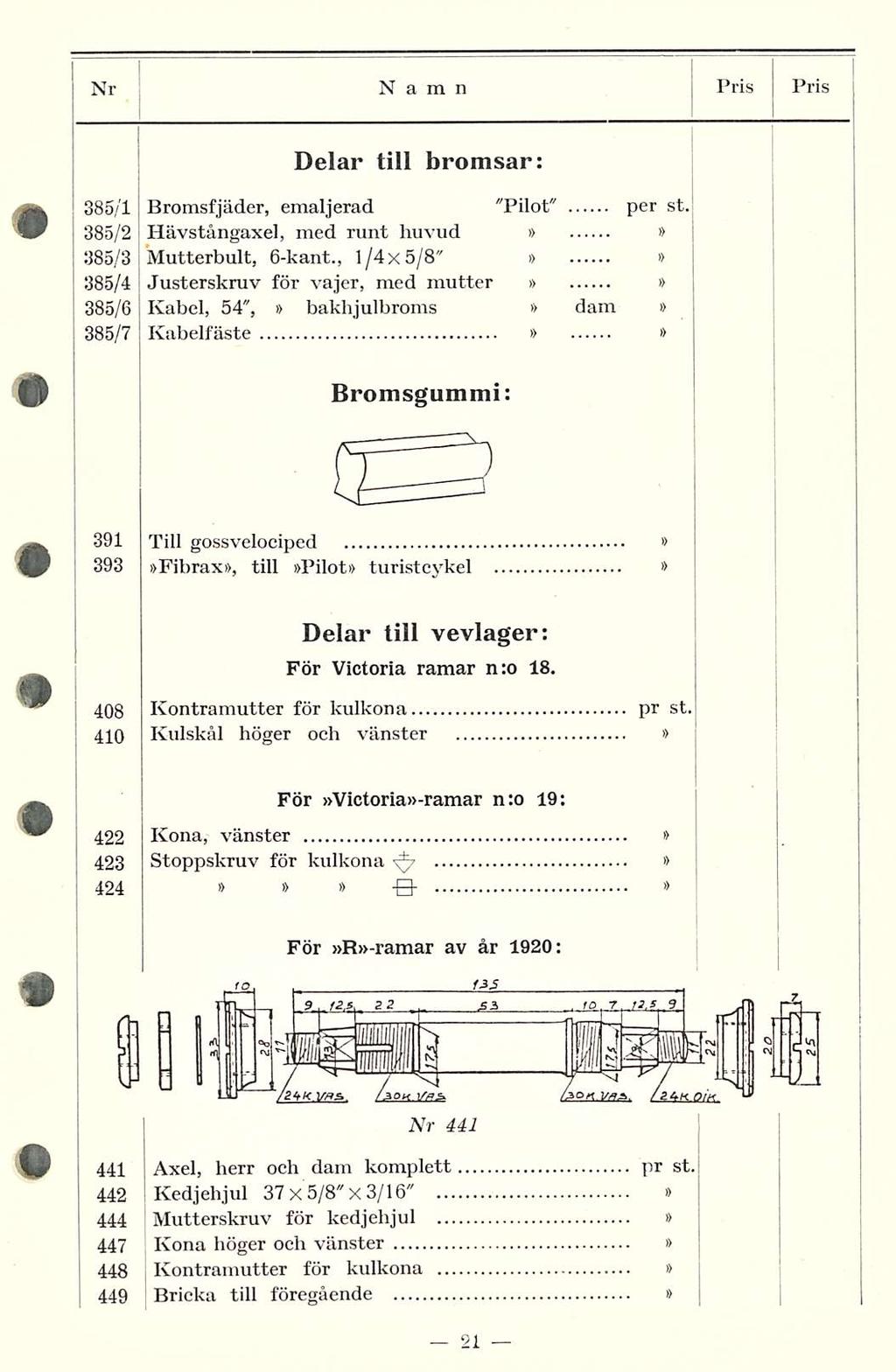 Nr Namn Pris PRIS Delar till bromsar: 385/1 Bromsfjäder, emaljerad "Pilot" per st. 385/2 Hävstångaxel, med runt huvud 385/3 Mutterbult, 6-kant.