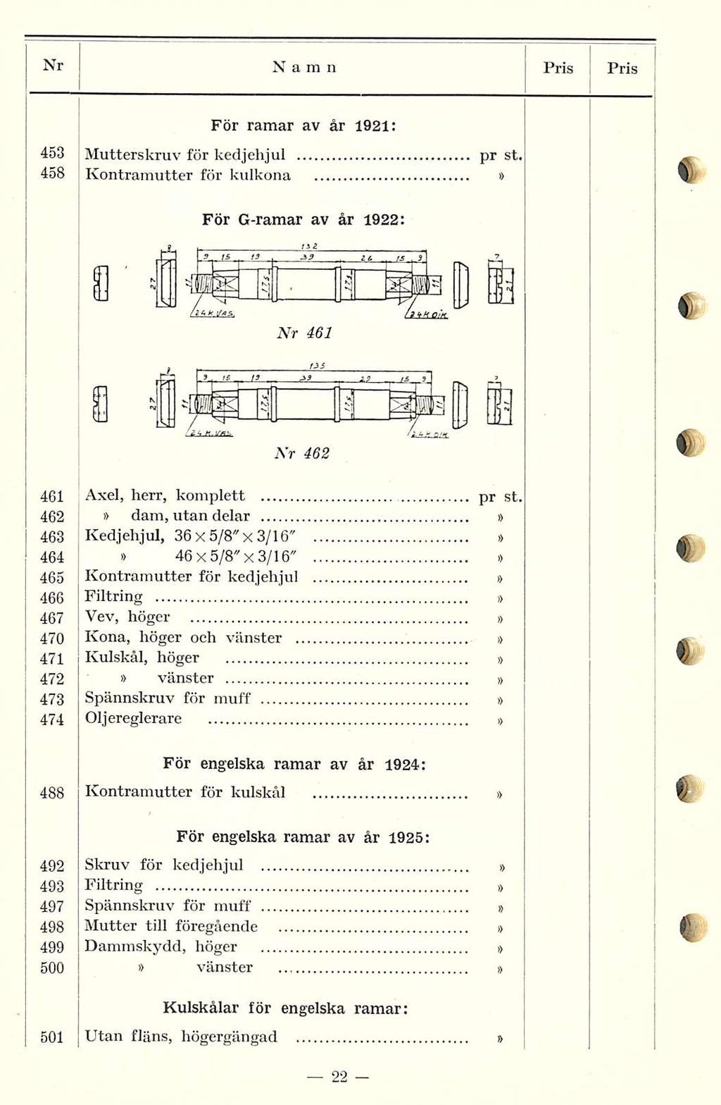Nr Namn Pris Pris För ramar av år 1921: 453 Mutterskruv för kedjehjul pr st. 458 Kontramutter för kulkona i> För G-ramar av år 1922: Nr 467 Kr 462 461 Axel, herr, komplett pr st.