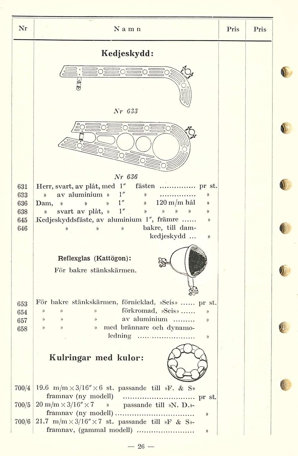 Nr Namn Pris Pris Kedjeskydd: Nr 633 Nr 636 631 Herr, svart, av plåt, med \" fästen pr st.