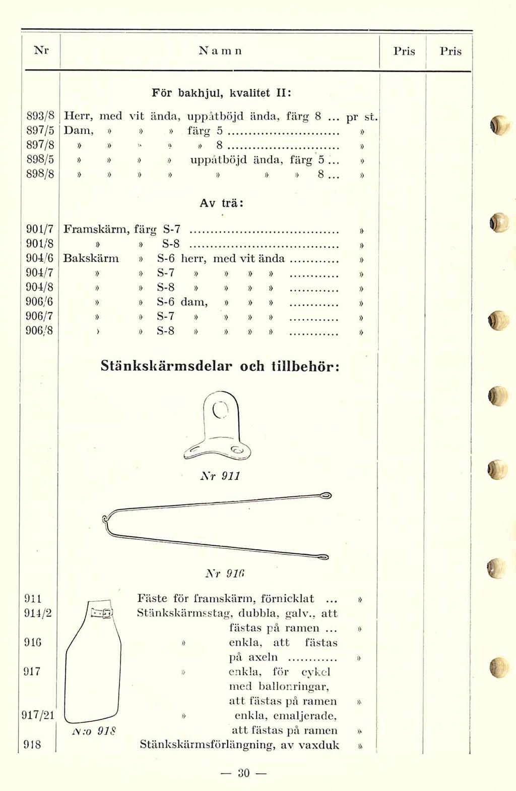 pr Nr Namn Pris Pris För bakhjul, kvalitet II: 893/8 Herr, med vit ända, uppätböjd ända, färg 8... 897/5 Dam, färg 5 897/8 i) 8 898/5 uppåtböjd ända, färg 5... i) i) <) 898/8 8... Av trä: st.