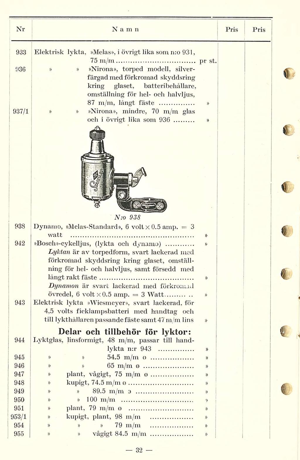 3 Nr Namn Pris Pris 933 Elektrisk lykta, Melas, i övrigt lika som n:o 931, 75 pr st.