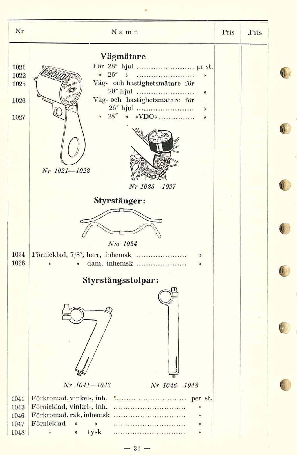 Nr Namn Pris.Pris 1021 1022 1025 1026 1027 Vägmätare För 28" hjul pr st.