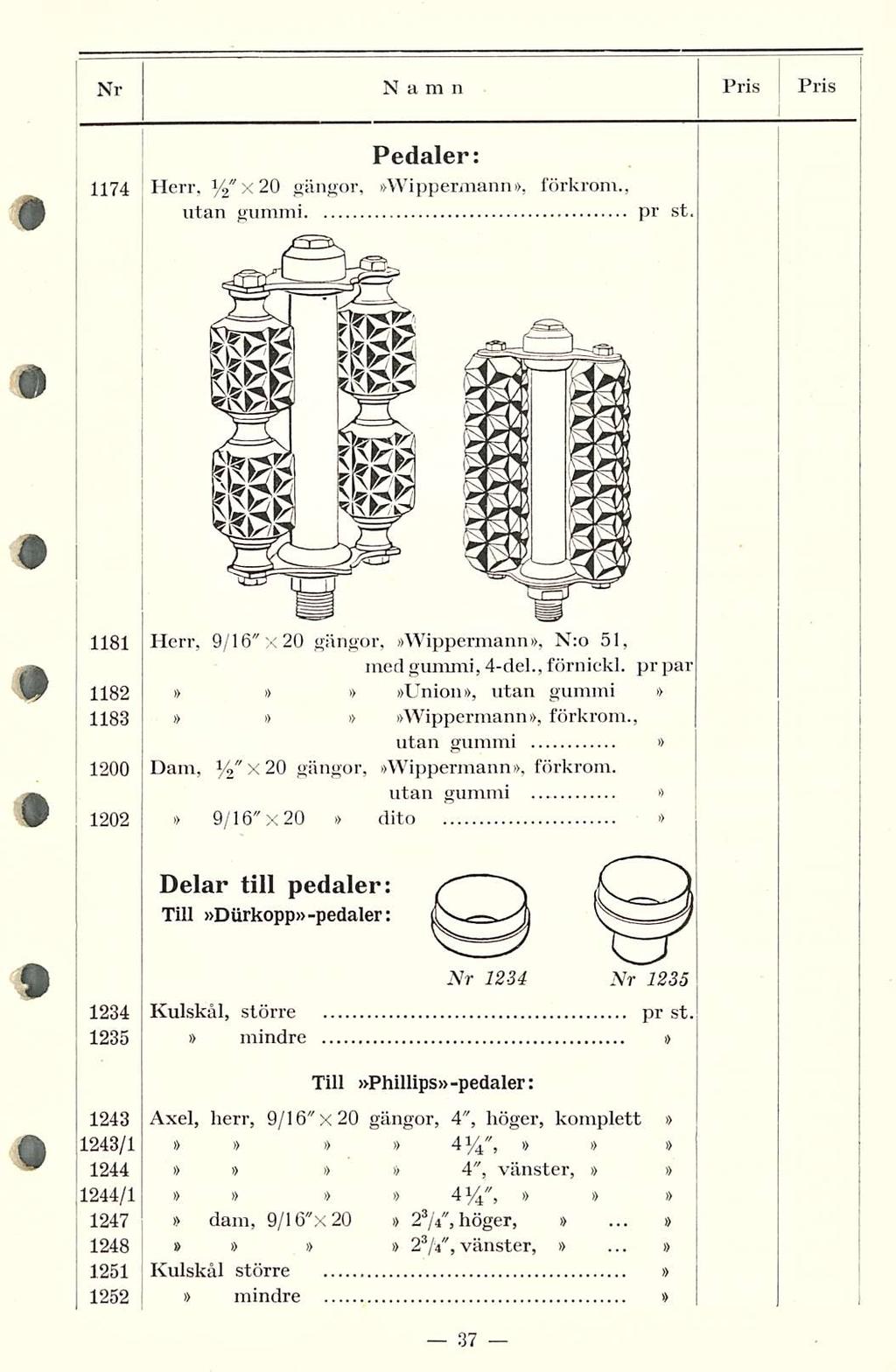 Nr Namn Pris PRIS Pedaler: 1174 Herr, %"x2o gängor, Wippermann, förkrom., utan gummi pr st. 1181 Herr, 9/16"x20 gängor, Wippermann, N:o 51, med gummi, 4-del., förnickl.