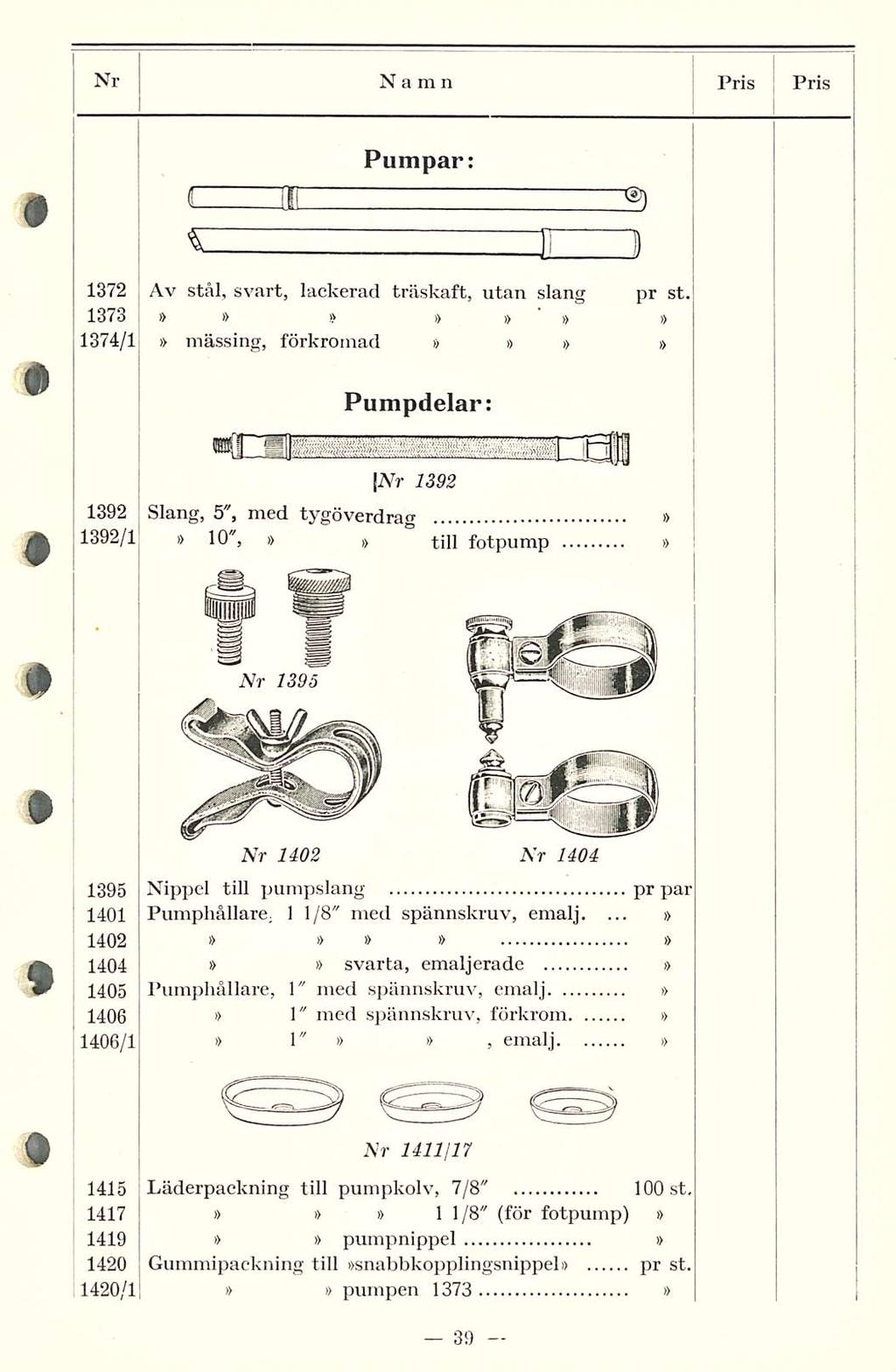 - 39 Nr Namn Pris PRIS Pumpar: 1372 Av stål, svart, lackerad träskaft, utan slang pr st.
