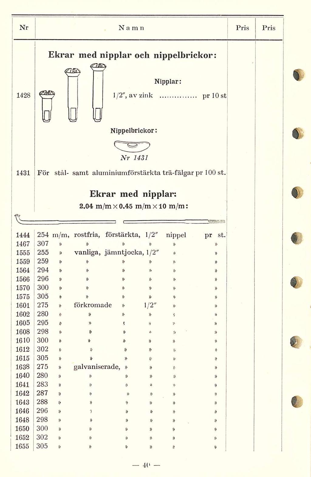 Nr Namn Pris Pris Ekrar med nipplar och nippelbrickor: Nipplar: 1428 1/2", av zink pr 10 st Nlppelbrickor: Nr 1431 1431 För stål- samt aluminiumförstärkta trä-fälgar pr 100 st.