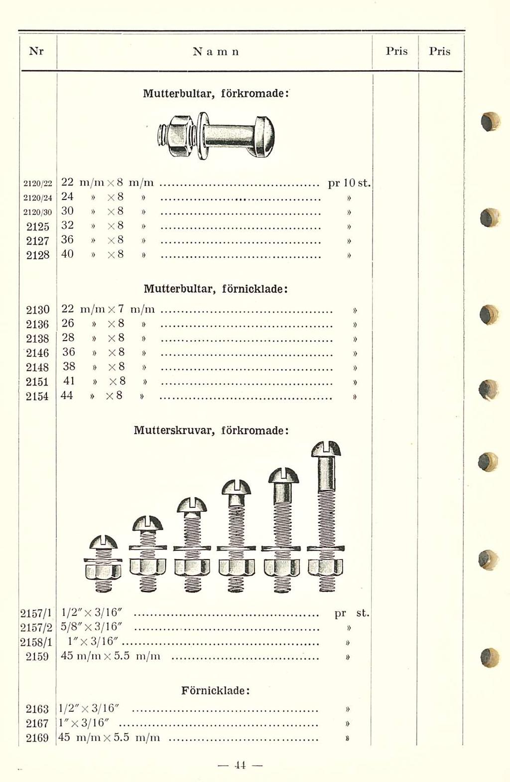 Nr Namn Pris Pris Mutterbultar, förkromade: 2120/22 22 xb pr 10 st.