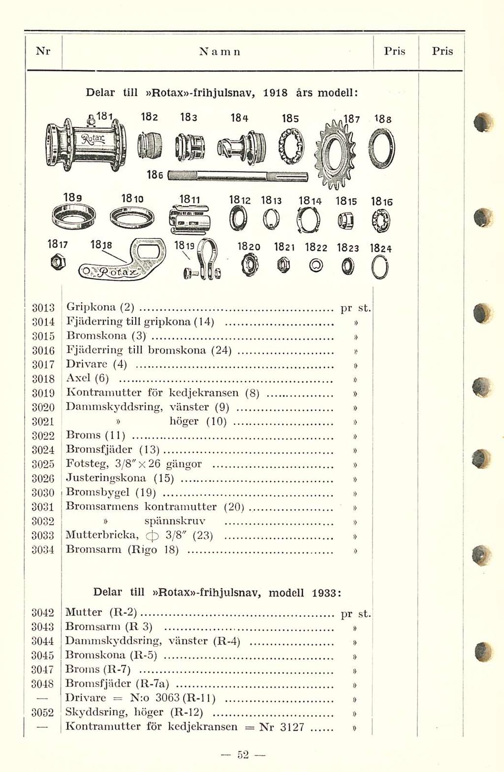 i Drivare Nr Namn Pris Pris Delar till Rotax-frihjulsnav, 1918 års modell: 3013 Gripkona (2) pr st.