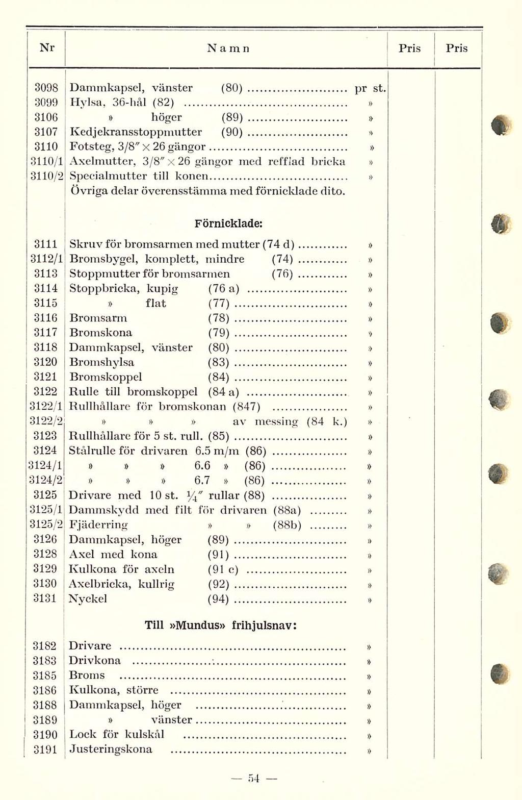 Nr Namn Pris Pris 3098 Dammkapsel, vänster (80) pr st.