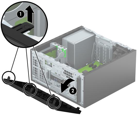 Ta bort frontpanelen 1. Ta bort eller skruva loss säkerhetsenheter som hindrar datorn från att öppnas. 2. Ta bort alla flyttbara medier, t.ex. CD-skivor och USB-minnen, från datorn. 3.