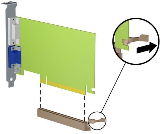 c. Om du ska ta bort ett PCI Express x16-kort frigör du armen på baksidan av expansionssockeln från kortet och vickar kortet försiktigt fram och tillbaka tills kontakterna släpper från sockeln.