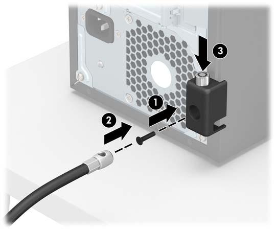 8. Skruva fast låset i chassit med hjälp av den medföljande skruven (1). Sätt i kontaktänden av säkerhetskabeln i låset (2) och tryck in knappen (3) för att aktivera låset.