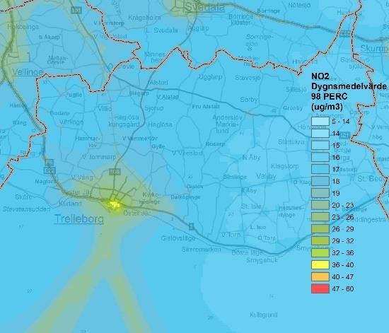 Figur 4. Haltberäkningar för kvävedioxid NO 2 i Skåne, kommuner och tätorter med hjälp av spridningsmodell.