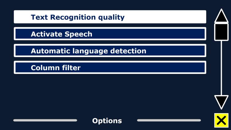 Alternativ Alternativmenyn har följande valmöjligheter: - Kvalité på textigenkänning - Aktivera tal - Automatisk språkigenkänning - Kolumndetektering - Inverterade ikoner Kvalité på textigenkänning