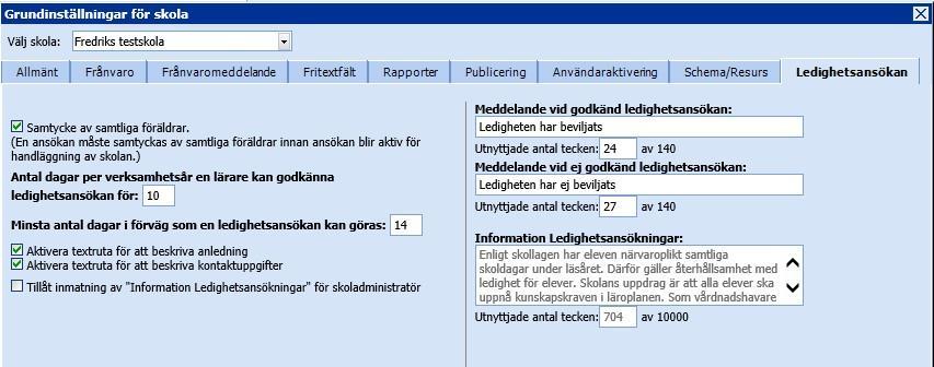 Under fliken Ledighetsansökan i Grundinställningar för skola (Inställningar> Grundinställningar för skola) finns inställningsmöjligheter för att aktivera Samtycke för samtliga föräldrar, delegera